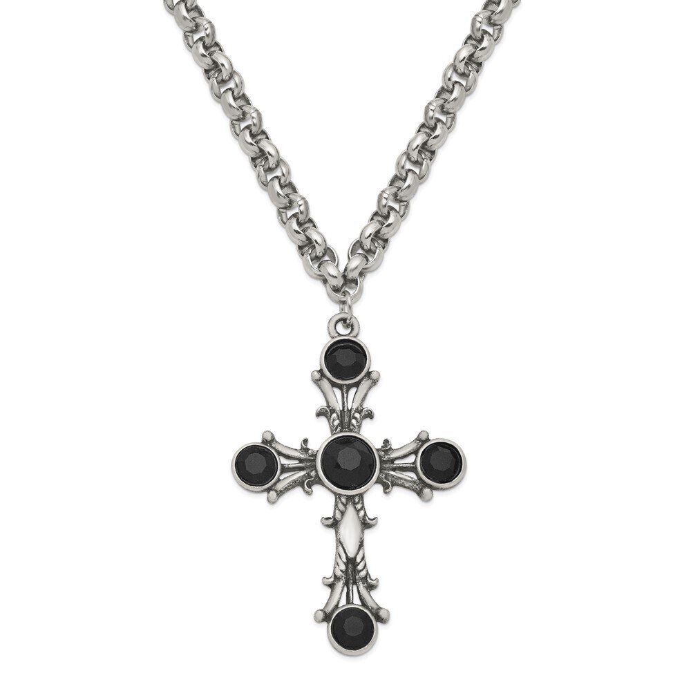 1928 Silver-tone Jet BlackGlass Cross 16 inch Necklace with 3 inch extension